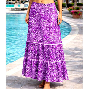 Boho Purple Pasiley Maxi Cover Skirt Womens Small Tiered Flowy Beachwear New